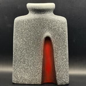 Vtg MCM Brutalist Studio Art Pottery Vase-Sculptural Lava Glaze Cutout Signed